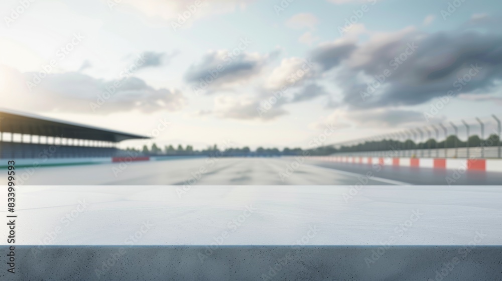 Table top with car sports track background for product. Empty countertop mockup with asphalt road. Concrete platform for the presentation of oils and auto parts.