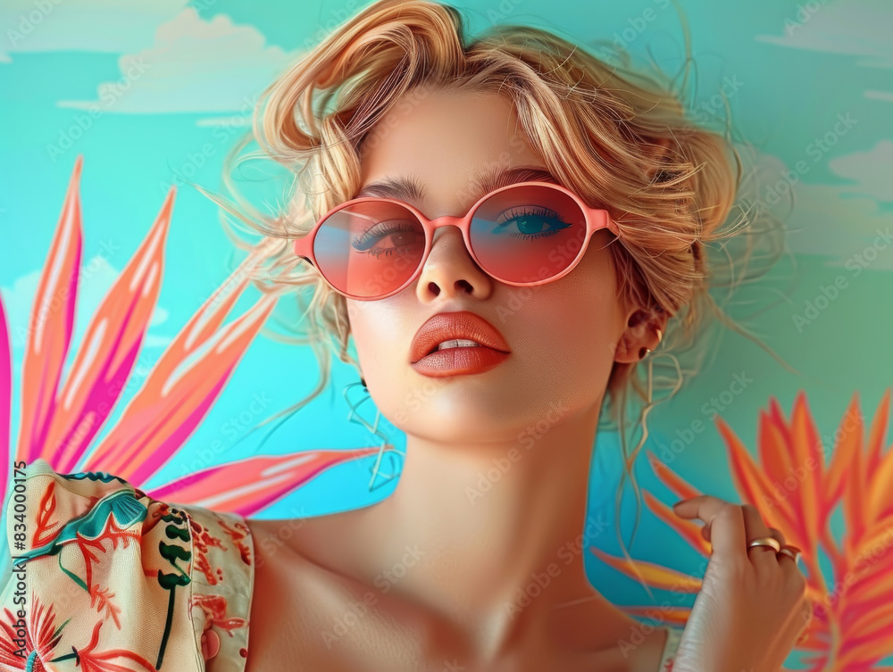 Retro style pastel colors summer background. Fashion woman wearing big sunglasses. Retro style pastel colors summer background. Fashion woman wearing big sunglasses.