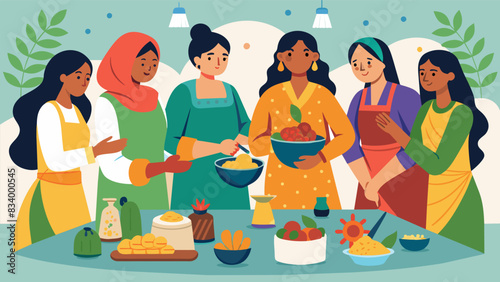 In a small kitchen a group of women gather to prepare traditional foods using ageold techniques and recipes not only nourishing their bodies but also. Vector illustration