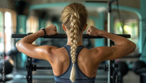 Woman flexing muscles in a gym with a braid