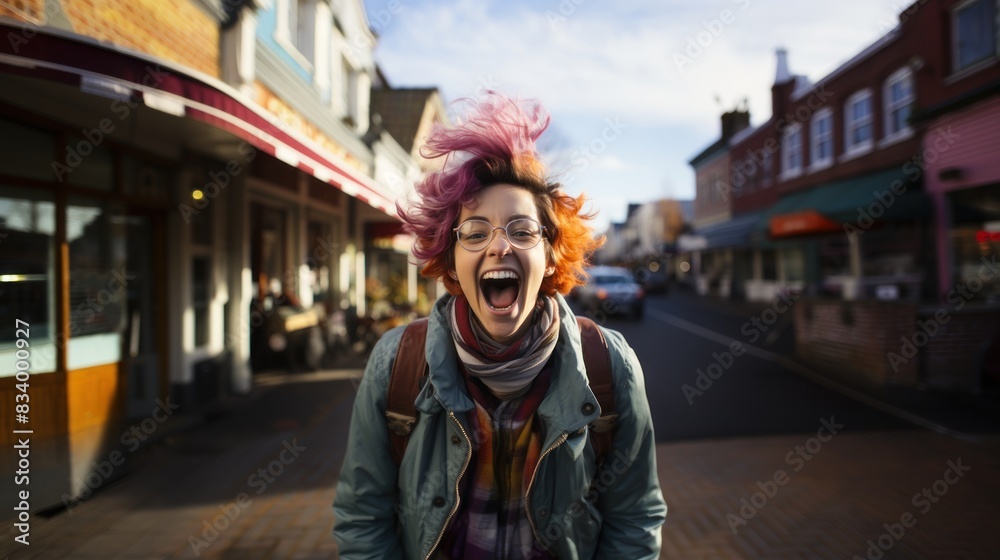 Fototapeta premium A vibrant image capturing a woman with pink hair mid-laugh in an urban setting, evoking a sense of joy and spontaneity