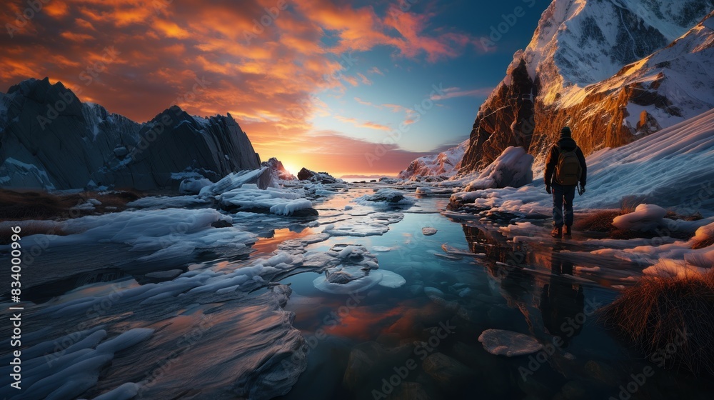 An explorer with a backpack is seen trekking through a majestic icy landscape during sunset, with reflections in the water