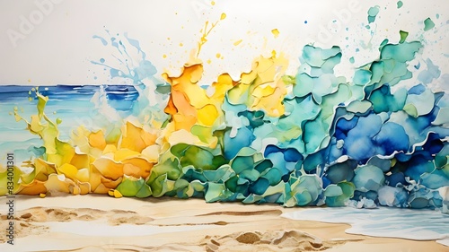 Colorful Waves of Blue and Yellow Splashes on a Sandy Beach During Daytime Generative AI