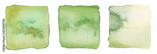 Ink watercolor hand drawn square flow blot. Wet Green, yellow color stain on white background. Set. photo
