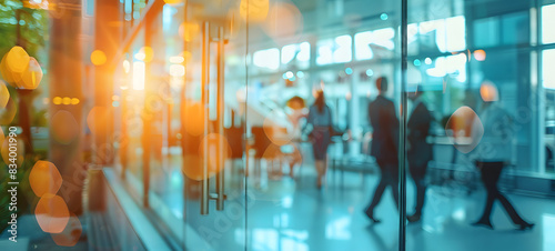 Abstract blur business office interior. A busy work environment is abstractly blurred, highlighting bustling activity, warm lighting, and modern architecture.