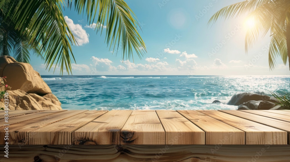Naklejka premium Wooden tabletop against the sea background for product presentation. Empty countertop on the beach with palm trees. Platform mockup with sunny sky.