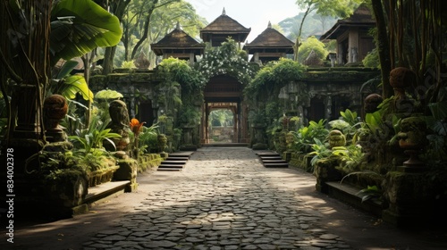 Overgrown jungle temple with lush plants creating a tranquil and mysterious atmosphere