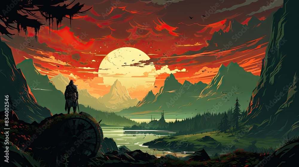 Striking digital artwork featuring a warrior overlooking a fantasy landscape with a large sun setting Striking digital artwork featuring a warrior overlooking a fantasy landscape with a large sun setting