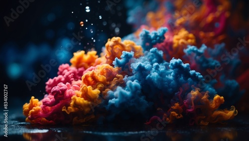 Colorful cloud of ink in water on a dark blue background.