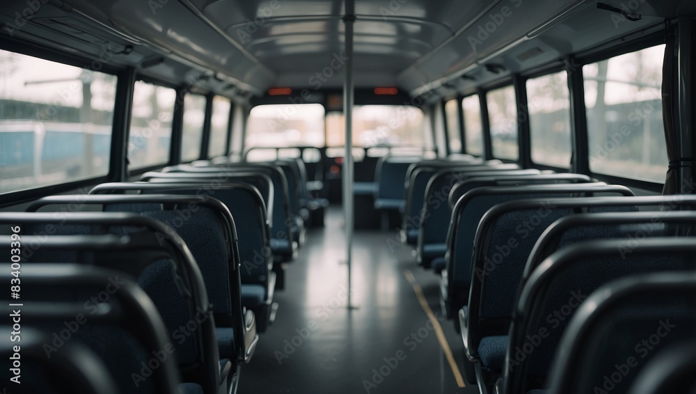 Inside view of a modern bus interior with empty seats.
