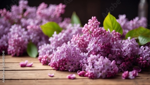 Lilac flowers on a wooden table with space for copy.