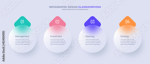 Glass morphism style infographic template for 4 steps. Timeline chart. Business management concept