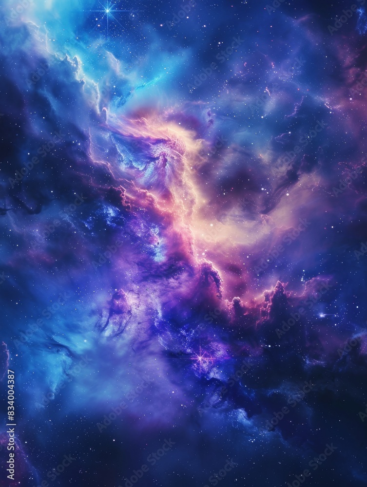 Obraz premium This image depicts a stunning cosmic scene with nebulae in shades of blue, purple, and pink, illuminated by stars scattered throughout, creating a mystical and expansive space landscape.