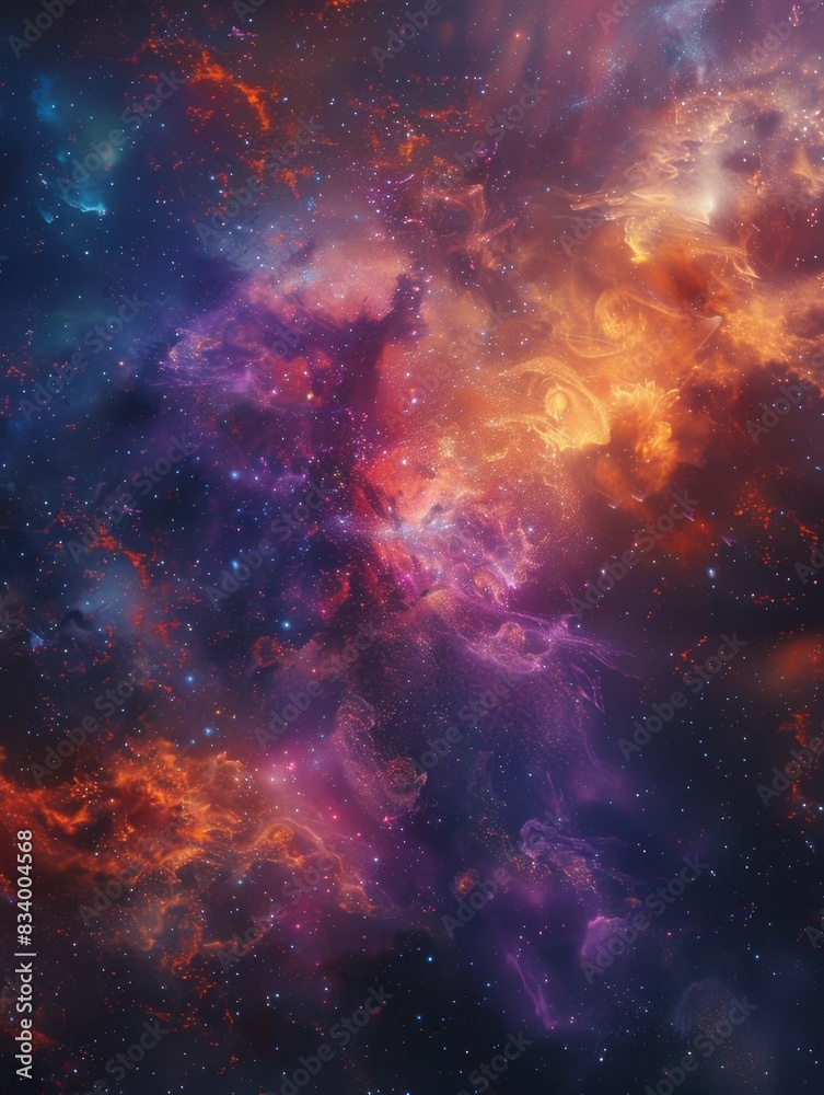 This image showcases a vibrant cosmic scene with swirling nebulae in shades of purple, orange, and red, interspersed with sparkling stars against a dark space background. This image showcases a vibrant cosmic scene with swirling nebulae in shades of purple, orange, and red, interspersed with sparkling stars against a dark space background.