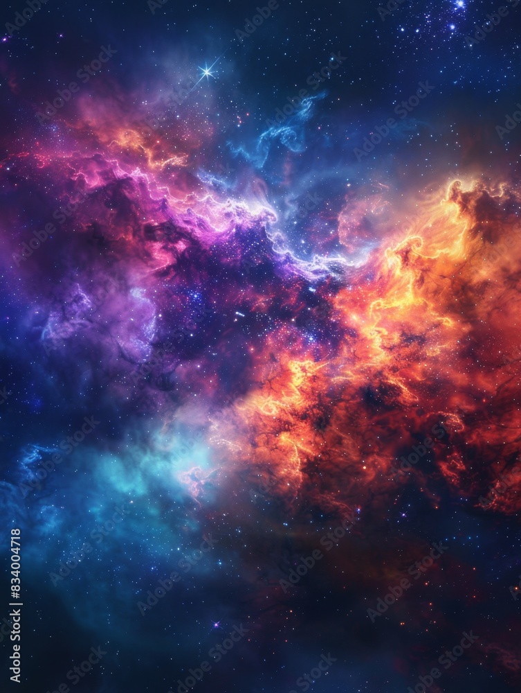 A vibrant, colorful nebula in space, featuring a blend of blue, purple, orange, and pink hues. Bright stars are scattered throughout the scene, with a prominent star shining near the top center. A vibrant, colorful nebula in space, featuring a blend of blue, purple, orange, and pink hues. Bright stars are scattered throughout the scene, with a prominent star shining near the top center.