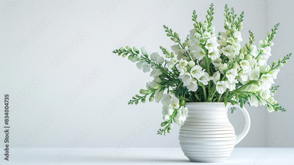 White flowers in a ceramic vase on a white background. Still life photography. Floral arrangement for interior design. White flowers in a ceramic vase on a white background. Still life photography. Floral arrangement for interior design.