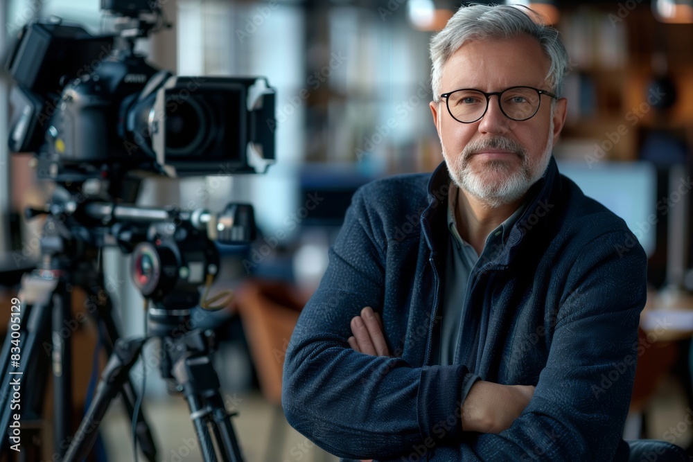 Mature journalist, confident, professional, digital SLR, standard zoom, daytime, newsroom portrait, digital, high realism, ambient light Mature journalist, confident, professional, digital SLR, standard zoom, daytime, newsroom portrait, digital, high realism, ambient light