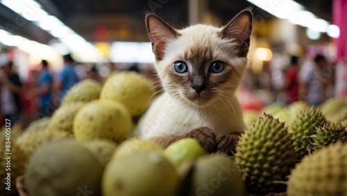 A Siamese Kittens Playful Adventure Inside a CutOpen Durian at a Vibrant Southeast Asian Market. photo