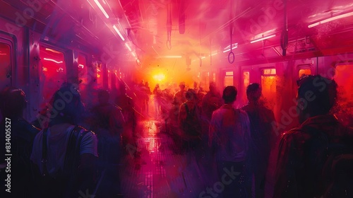 Surreal Art Depiction of a Crowded Urban Train Platform During Rush Hour with Vibrant Neon Purple Hues and Halftone Patterns