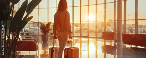 A traveler stands silhouetted against a sunset, captured from inside an airport with planes visible outside.