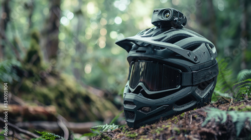 mountain bike helmet with integrated camera on mossy log