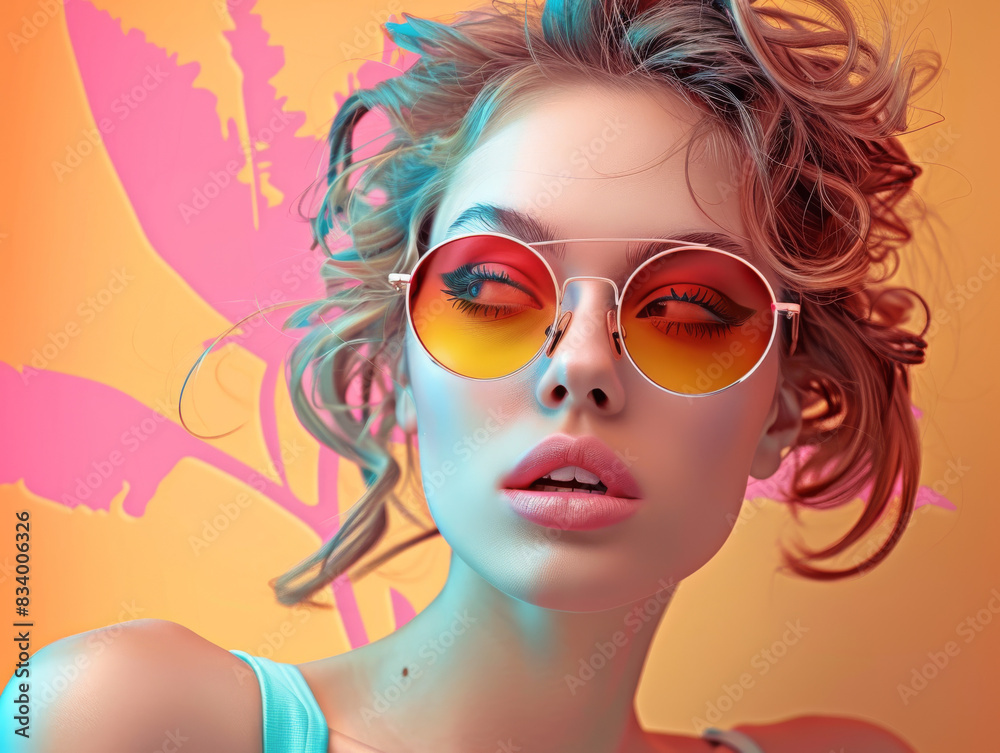 Retro style pastel colors summer background. Fashion woman wearing big sunglasses. Retro style pastel colors summer background. Fashion woman wearing big sunglasses.