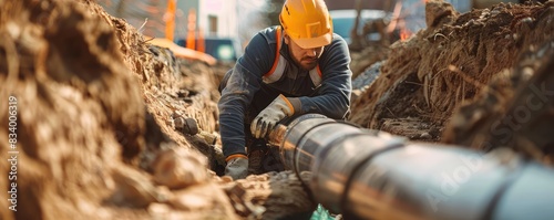 An industrial scene of a worker in high-visibility clothing installing pipes in a large trench.