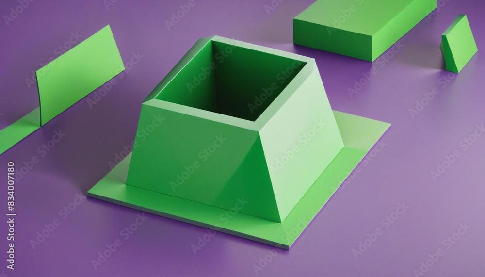 Minimalist geometric composition in purple and green, 3D render with precise balance and empty white space