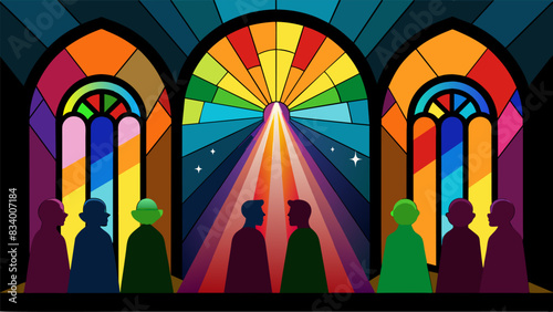 The stained glass windows glowed with vibrant colors casting a rainbow of light across the faces of the devout congregation.. Vector illustration