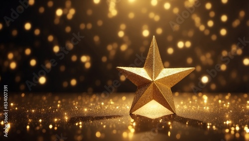 Golden star and glitter light on the stage, award ceremony concept background. photo