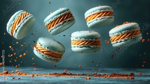   A flock of macaroons soaring through the sky, one bitten into photo