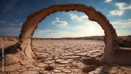 Sky view from a hole on a dry cracked clay surface.