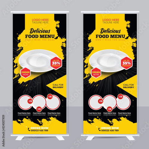 Food menu and restaurant Modern food roll up banner template design with abstract background, logo and social media icon. Pizza, burger, healthy food sale web banner, rack card or flyer
