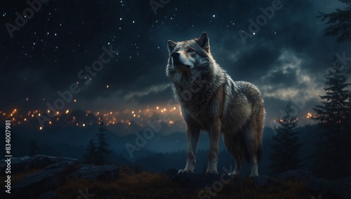 Wolfs Haunting Howl Echoes in the Mystical Night Sky.