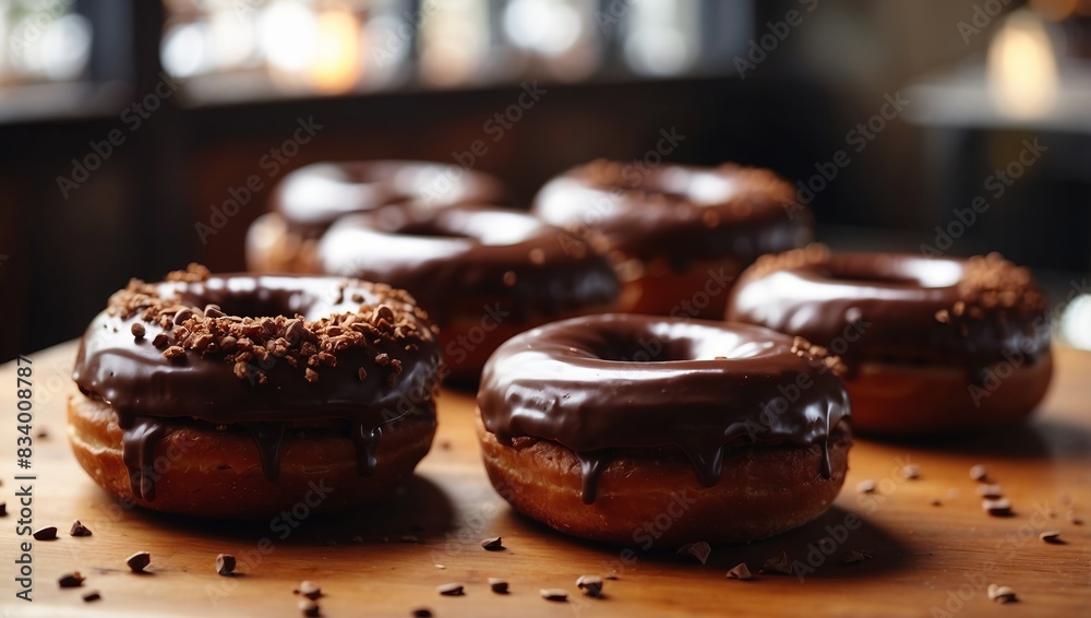 Chocolate Donuts Enhanced by Natural Light in a Trendy Caf. Chocolate Donuts Enhanced by Natural Light in a Trendy Caf.