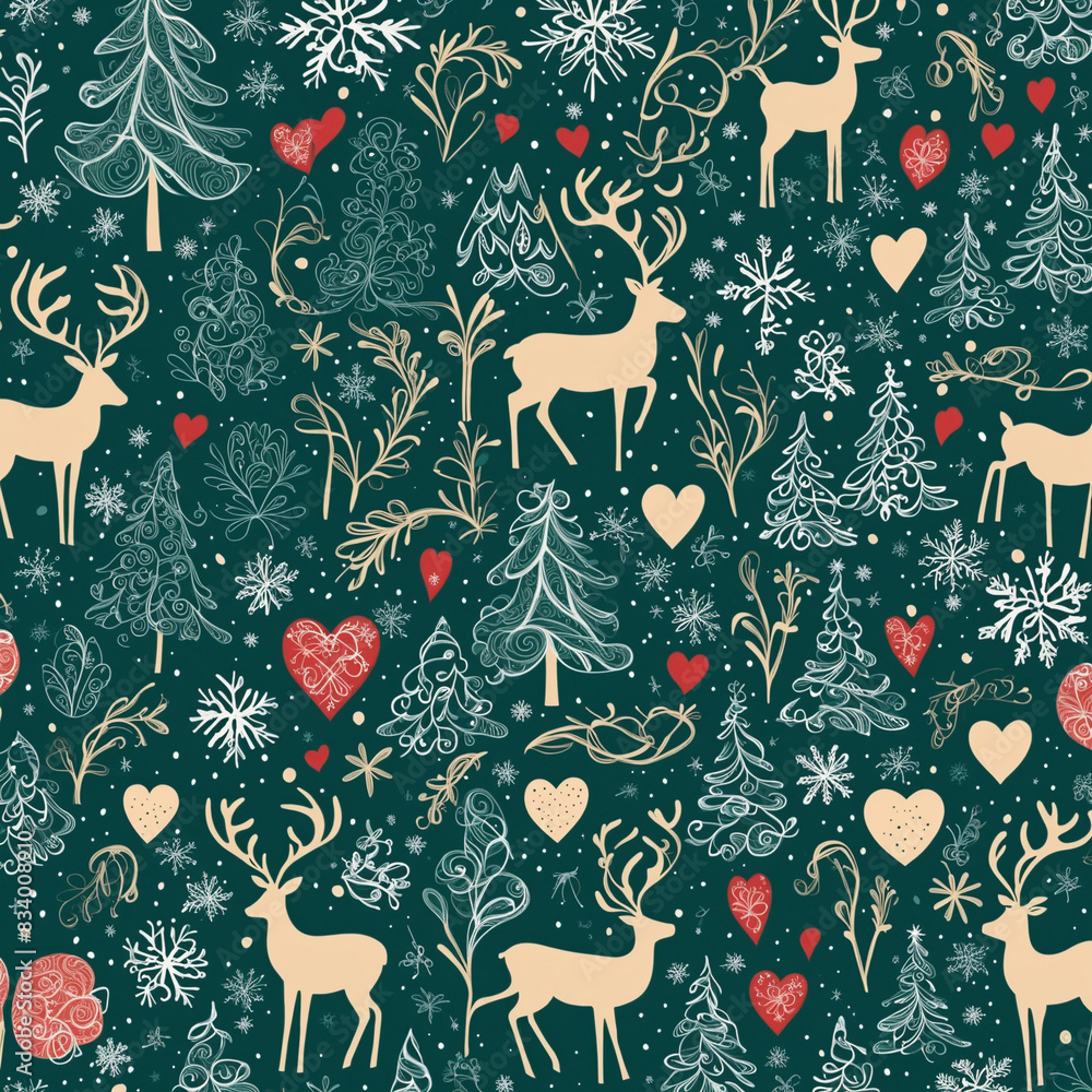 Cute Christmas holiday design featuring reindeer, snow, and a festive tree in a seamless pattern perfect for gift wrapping or textile print