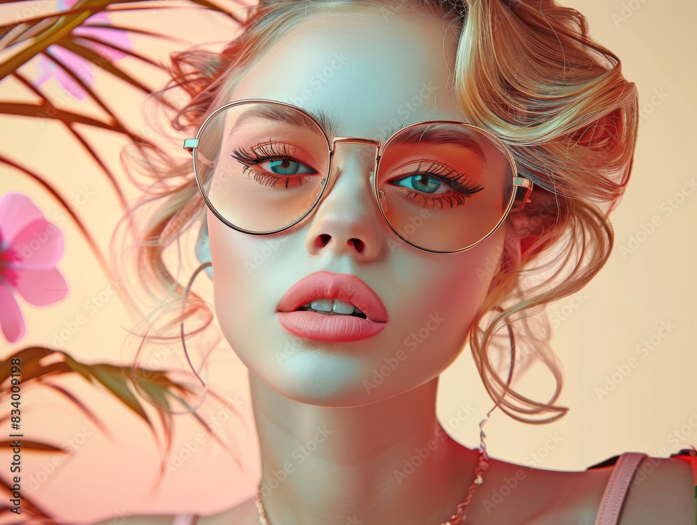 Retro style pastel colors summer background. Fashion woman wearing big sunglasses. Retro style pastel colors summer background. Fashion woman wearing big sunglasses.