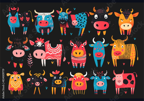 Bright cute funny characters with hearts. A big set of risoprint style stickers with cows. Illustration Isolated on a black background. photo