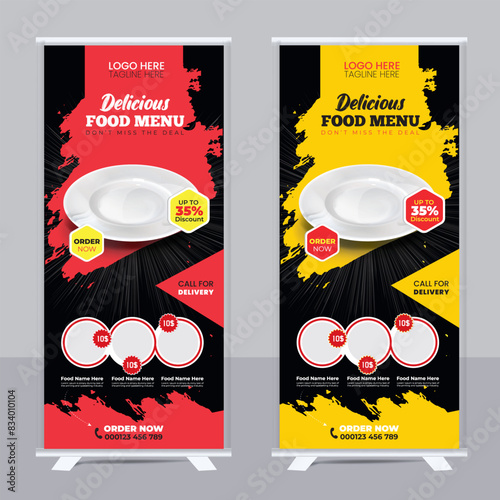 Food menu and restaurant Modern food roll up banner template design with abstract background, logo and social media icon. Pizza, burger, healthy food sale web banner, rack card or flyer