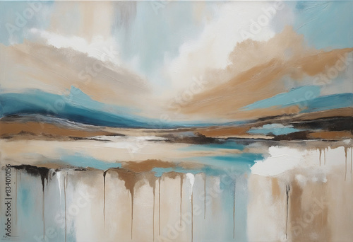Generative AI creates a vibrant abstract oil painting with a textured background in soft pastel shades, capturing the essence of a tranquil and contemporary coastal landscape