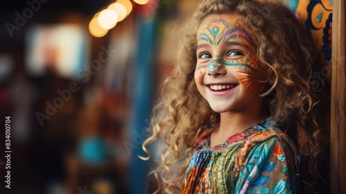 Closeup of a child with vibrant face paint, eyes wide with wonder and excitement