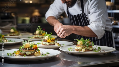 Fototapeta Naklejka Na Ścianę i Meble -  Chef in a bustling kitchen, skillfully plating a gourmet dish with precision and flair
