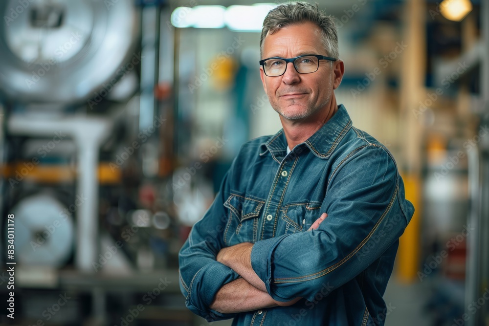 Fototapeta premium Mature mechanical engineer, confident, professional, digital SLR, standard zoom, daytime, engineering workshop portrait, digital, high realism, industrial light. , background blur