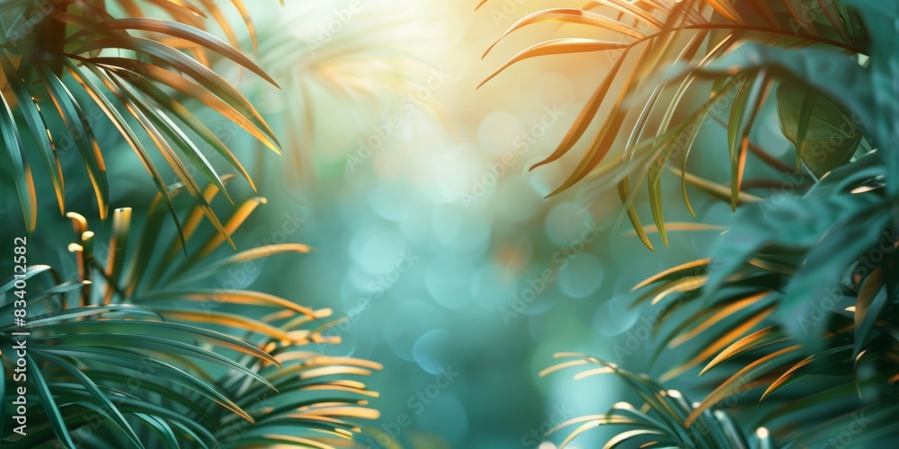 Obraz premium Abstract background with green and orange foliage in blurred summer light