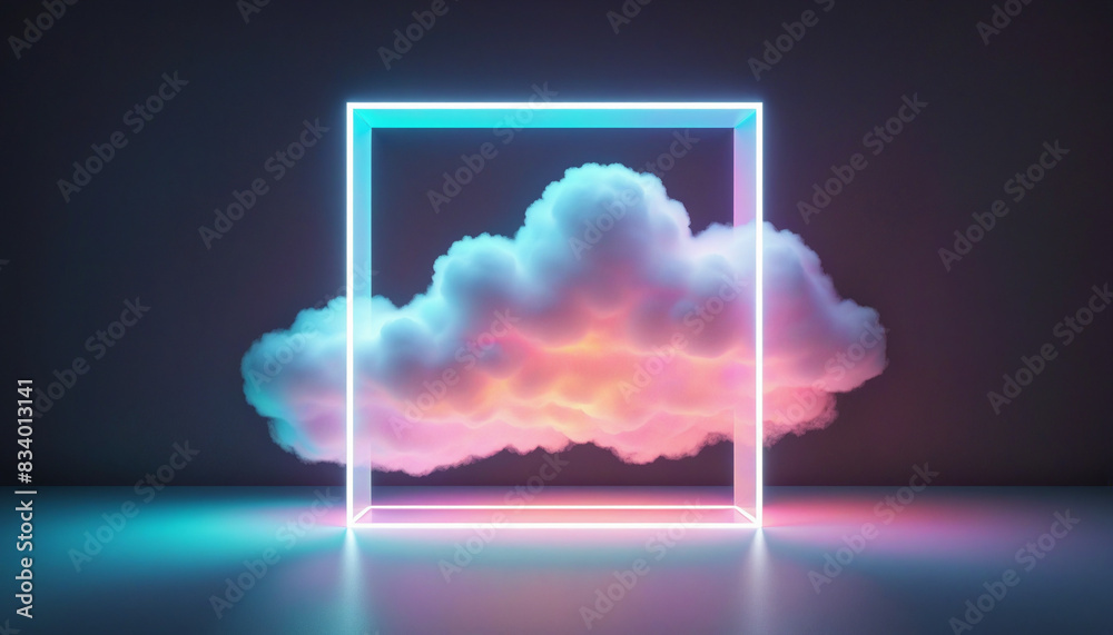 Fototapeta premium 3D neon geometric clouds and squares illuminate the dark room, creating a futuristic and minimalist wallpaper with a blank rectangular frame