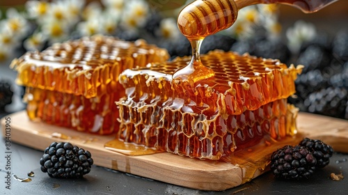   A wooden cutting board holds honey combs and blackberries; nearby rests a wooden spoon adorned with honey combs photo