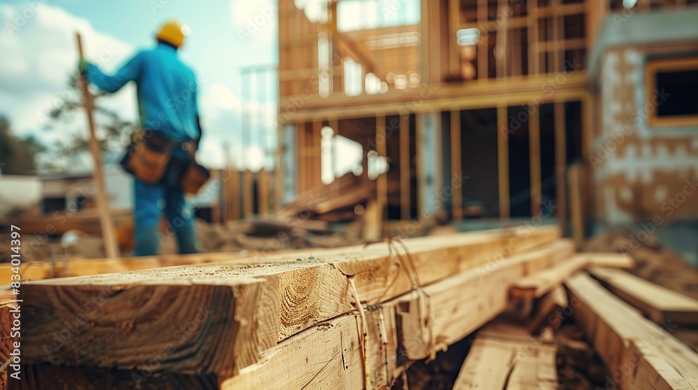 Close-up shot of wood planks at a construction site with builder Close-up shot of wood planks at a construction site with builder