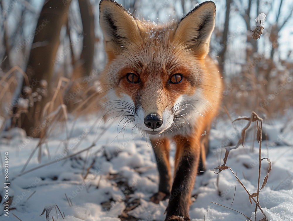 Close-up of a fox walking through a snowy field in winter. Close-up of a fox walking through a snowy field in winter.