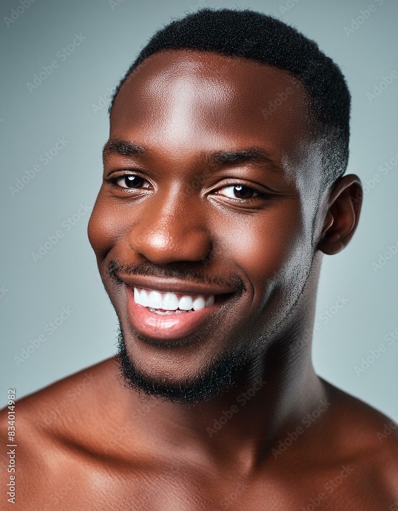 Black man with vibrant clear skin & brown eyes for a beauty campaign, face care, facial treatment, cosmetology, beauty and spa; portrait; high quality studio shot; shirtless Black man with vibrant clear skin & brown eyes for a beauty campaign, face care, facial treatment, cosmetology, beauty and spa; portrait; high quality studio shot; shirtless