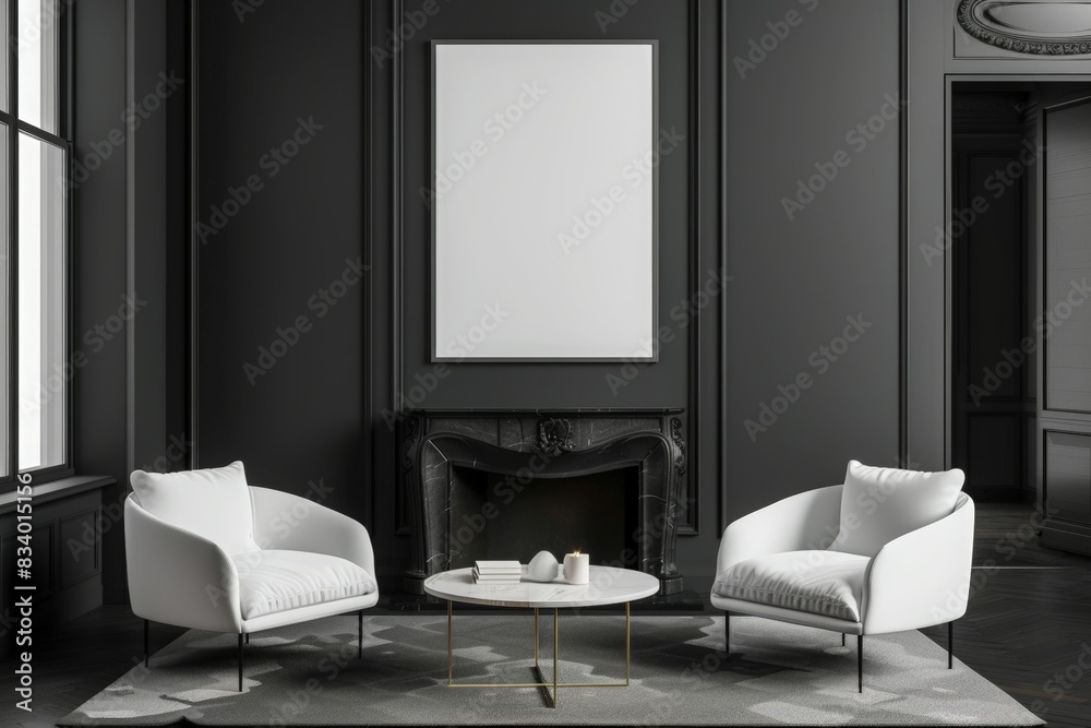 Black and white living room interior with two armchairs, coffee table near fireplace on gray wall mockup poster frame. Minimalist home design concept